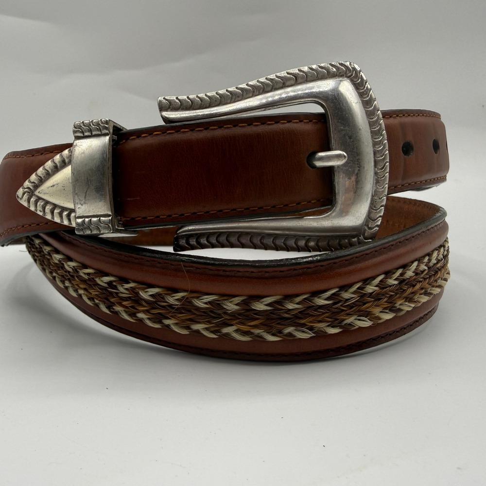 Orvis Mens Brown Leather Braided Horsehair Western Belt Silver Buckle 38 2117
